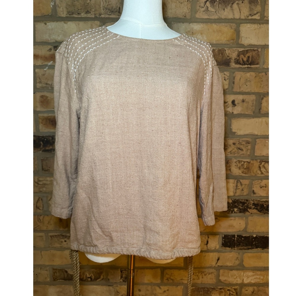 Souk Indigo 100% Silk Boho Top Size L Beige Tassel Tie Hem Peasant Blouse